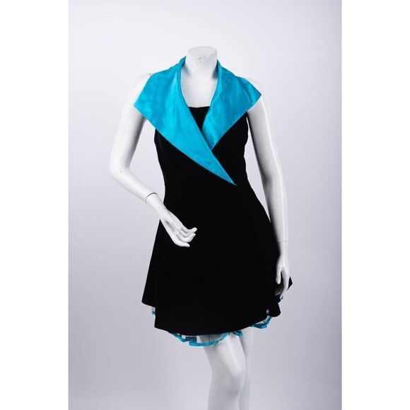 La Glo 1980s Vintage Velvet Rocker Halter Dress Collared Blue Women's Small - Picture 1 of 6